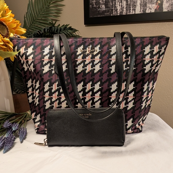 Kate Spade Houndstooth Tote and Wallet Set - Purple, Pink and Cream / Black - Picture 14 of 14